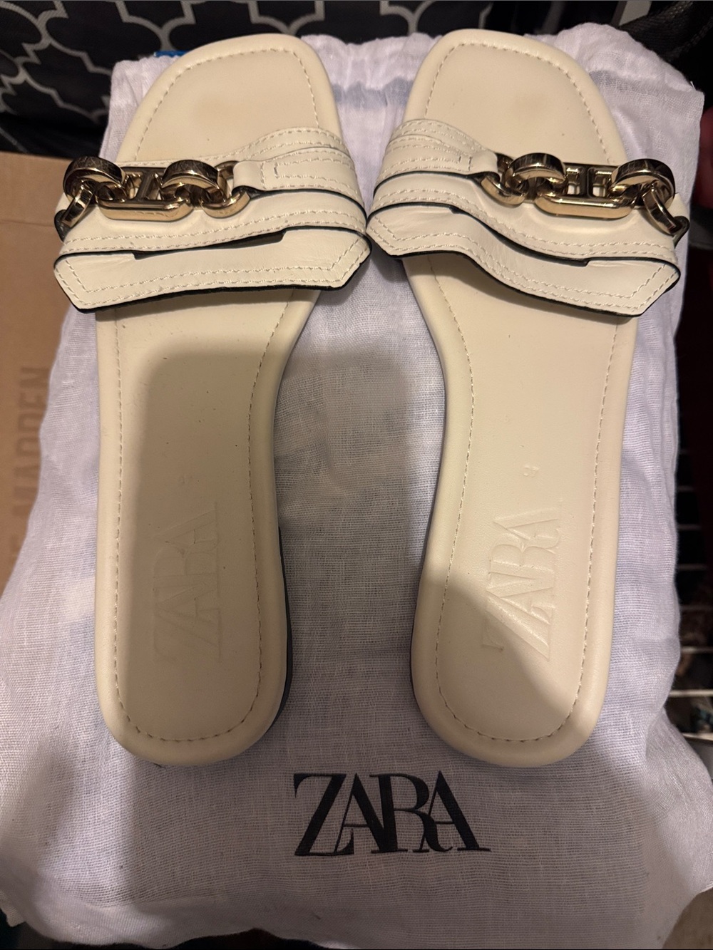 Zara Cream Slide Mules with Gold Chain Accent